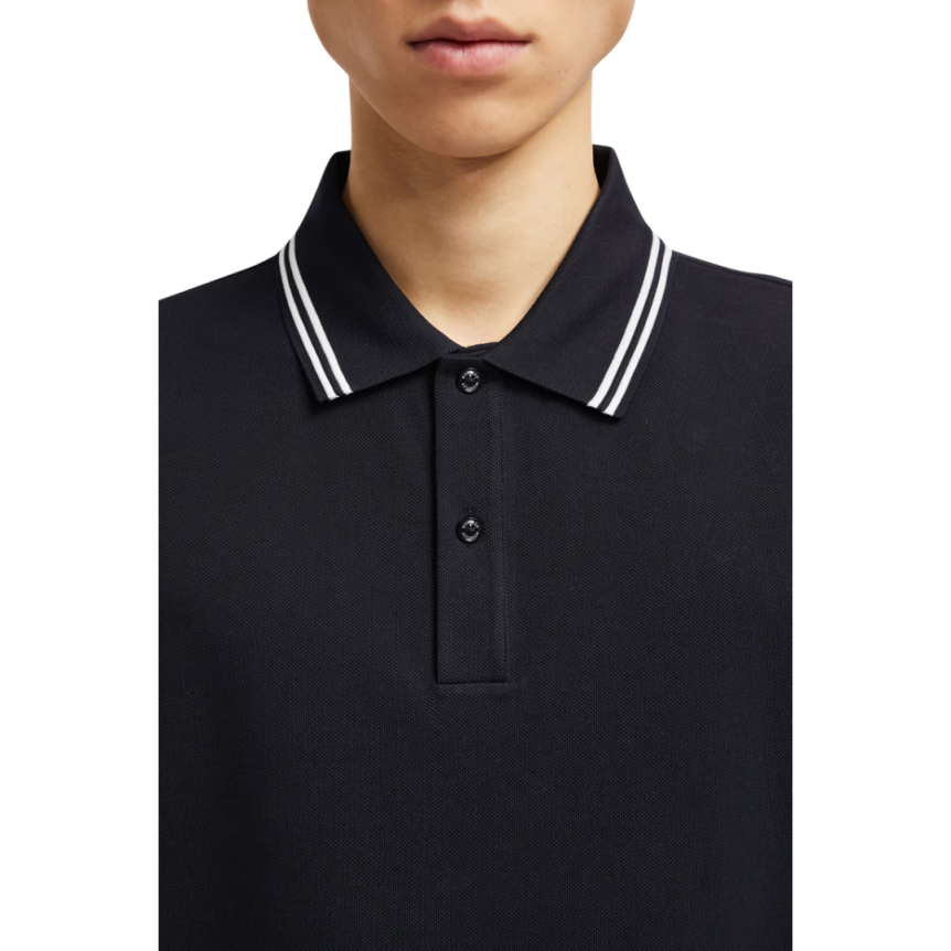 Polo manche courte MONCLER piqué coton bleu marine col blanc broderie logo