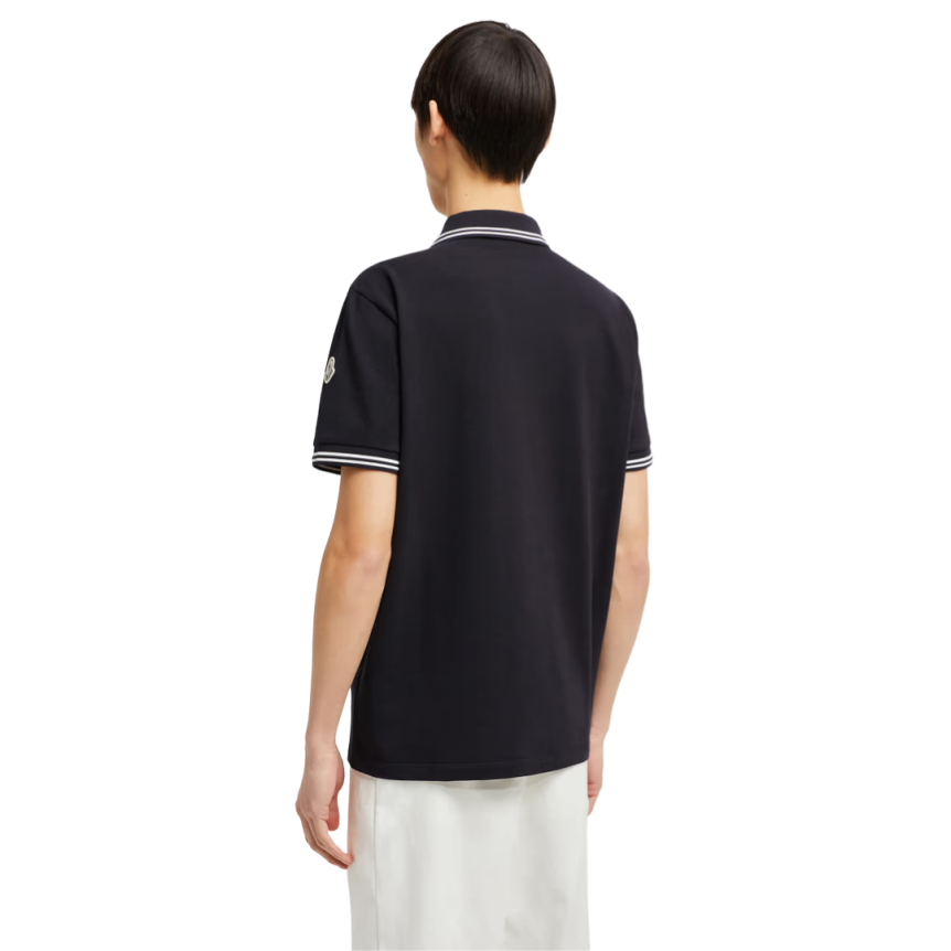 Polo manche courte MONCLER piqué coton bleu marine col blanc broderie logo