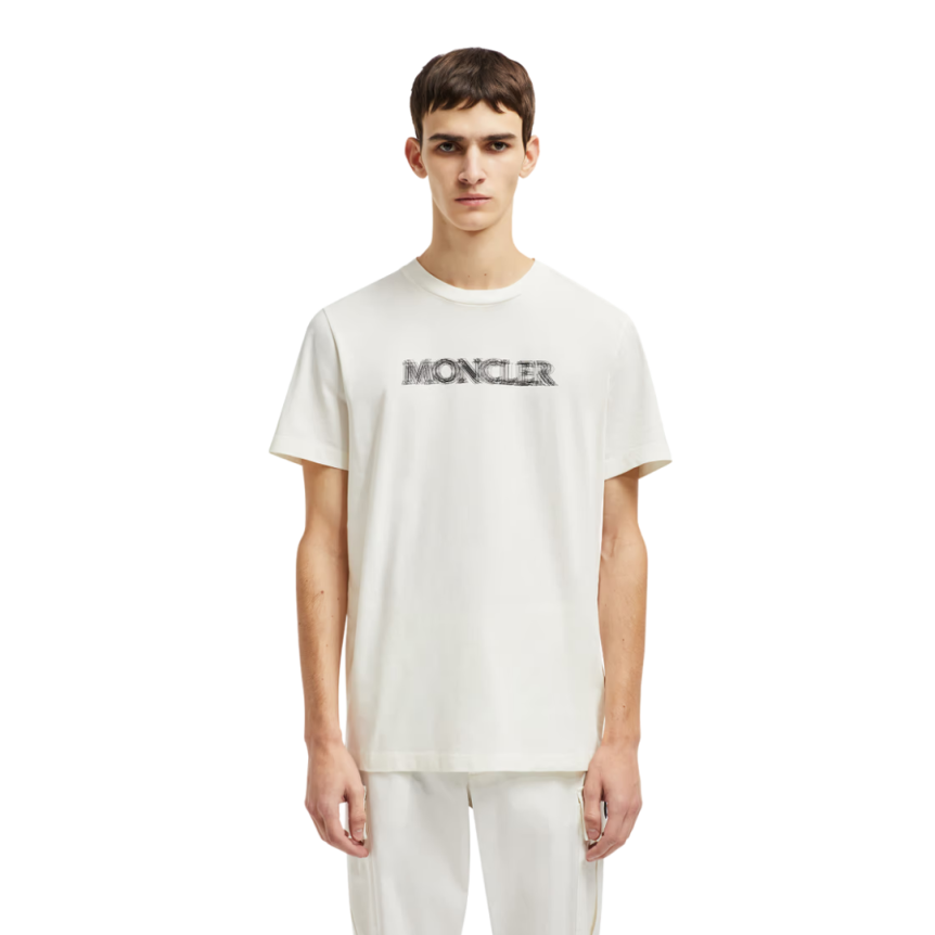T-shirt col rond MONCLER coton écru motif logo flouté