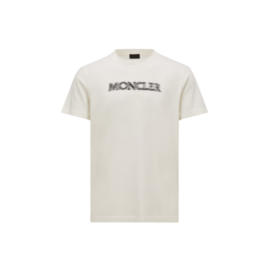 T-shirt col rond MONCLER coton écru motif logo flouté