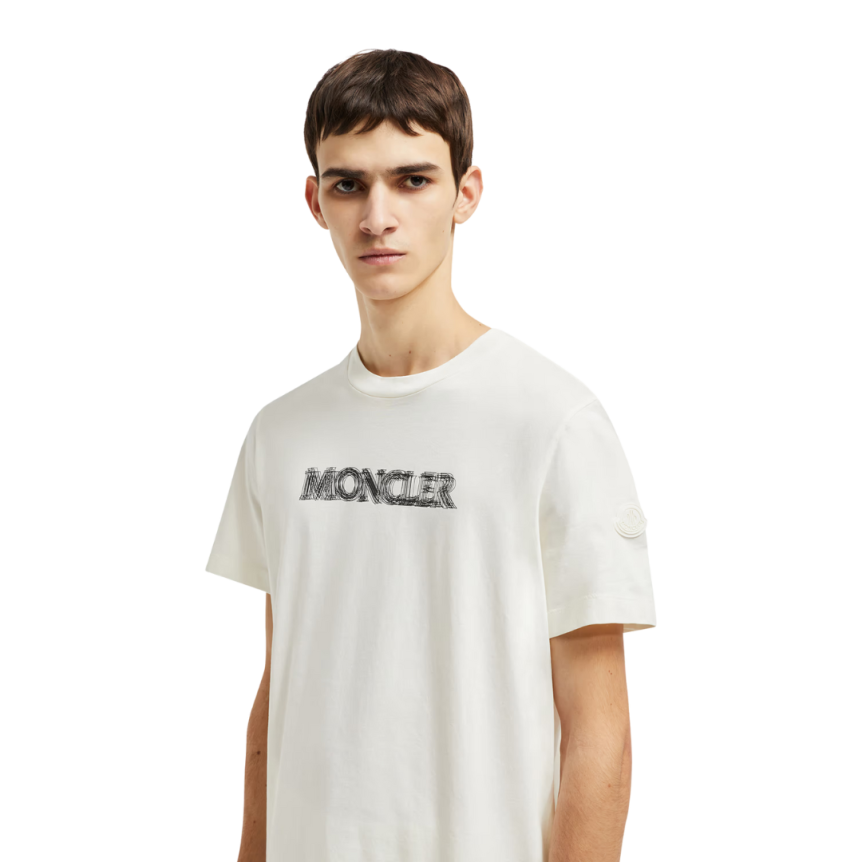 T-shirt col rond MONCLER coton écru motif logo flouté