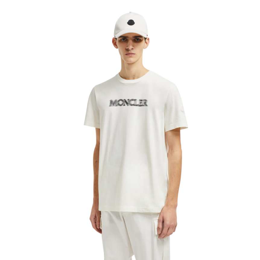T-shirt col rond MONCLER coton écru motif logo flouté