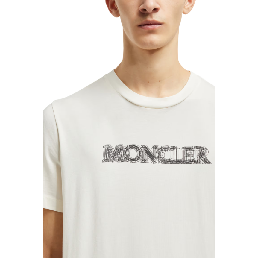 T-shirt col rond MONCLER coton écru motif logo flouté