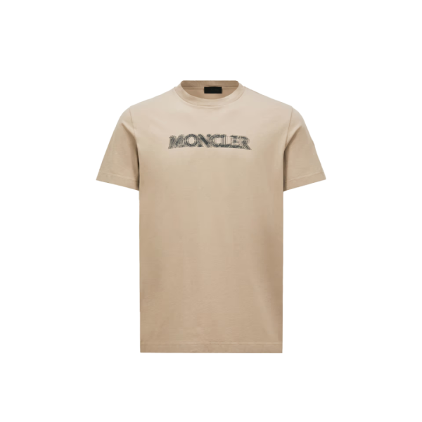 T-shirt col rond MONCLER coton beige motif logo délavé