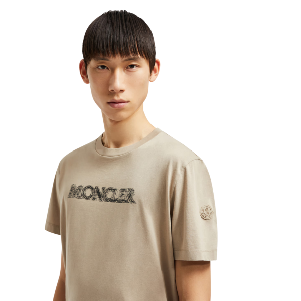 T-shirt col rond MONCLER coton beige motif logo délavé