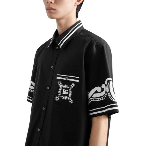 Chemise DOLCE & GABBANA popeline coton noir détails imprimés blanc logo DG