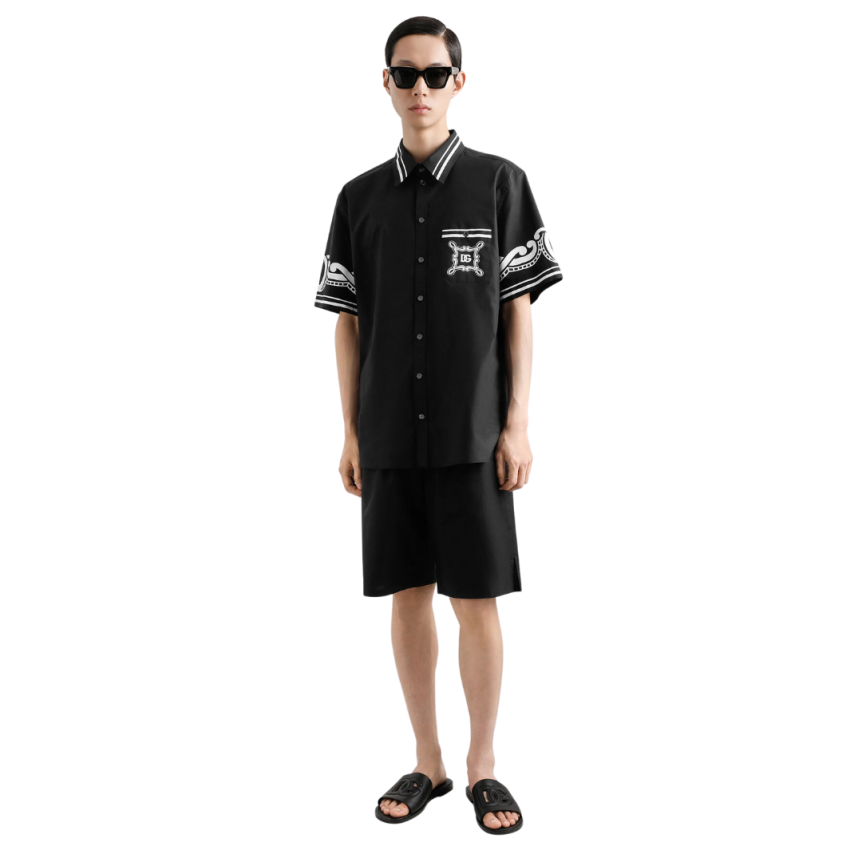 Chemise DOLCE & GABBANA popeline coton noir détails imprimés blanc logo DG