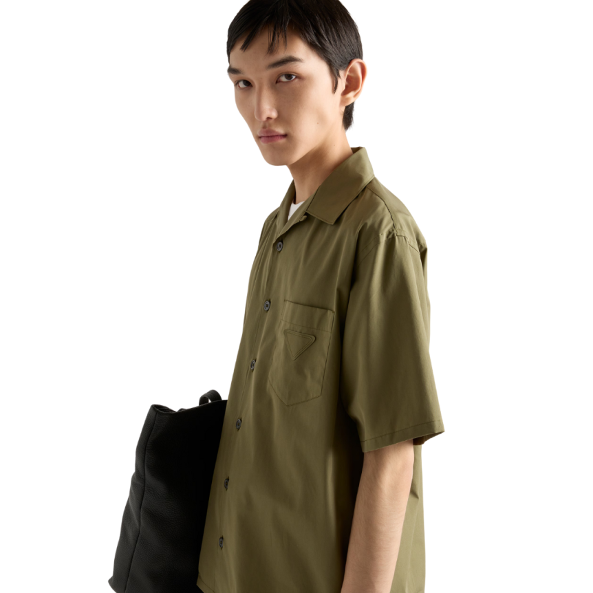 Chemise bowling PRADA coton kaki bouton nacre logo triangle