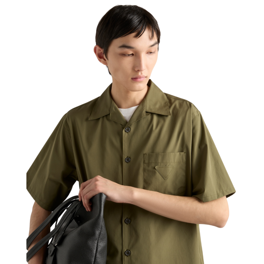Chemise bowling PRADA coton kaki bouton nacre logo triangle
