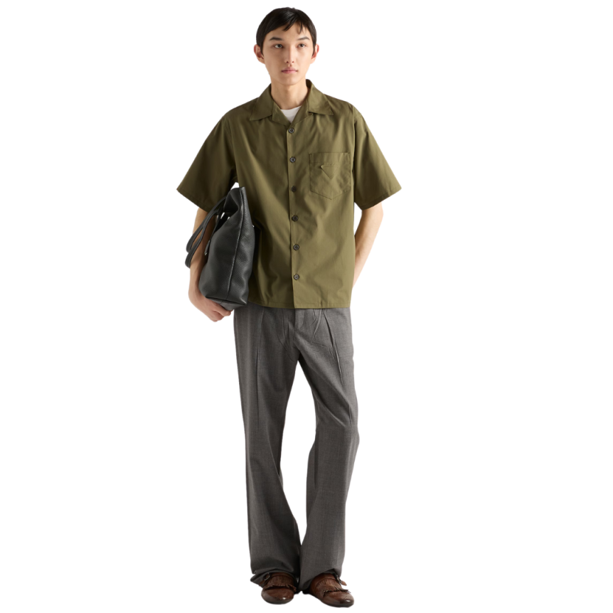 Chemise bowling PRADA coton kaki bouton nacre logo triangle