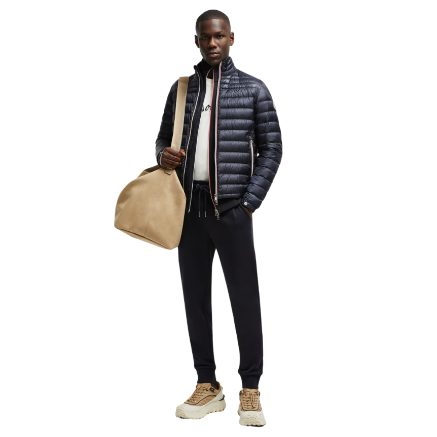 Pantalon survêtement jogging MONCLER coton bleu marine poche zippée tricolore