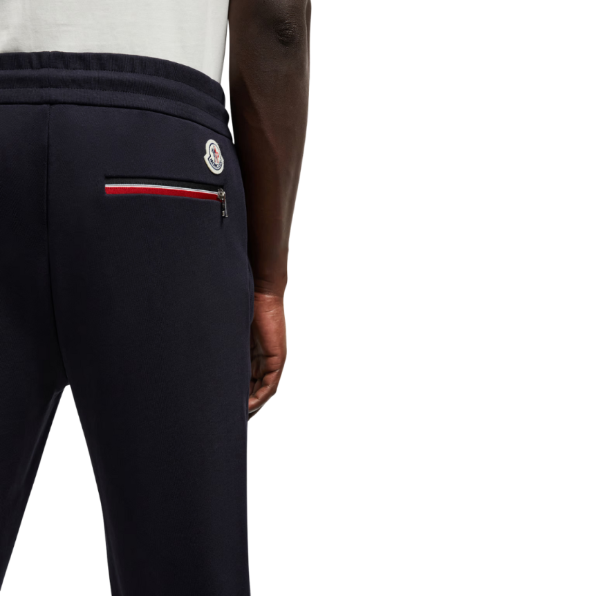 Pantalon survêtement jogging MONCLER coton bleu marine poche zippée tricolore