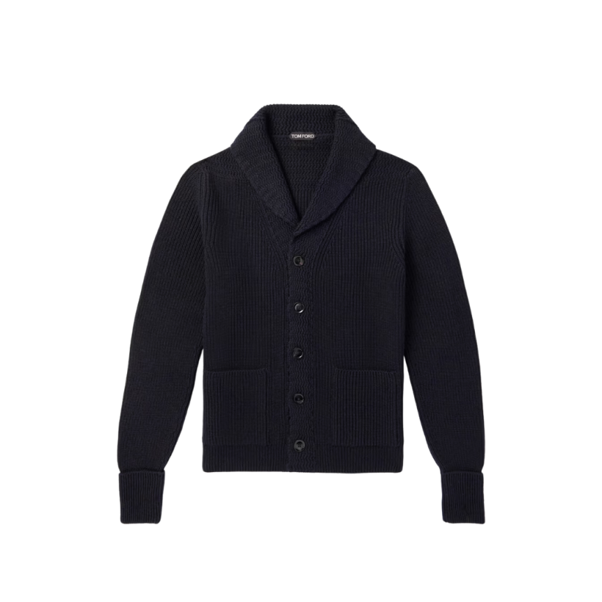Cardigan TOM FORD cachemire côtelé bleu nuit col châle