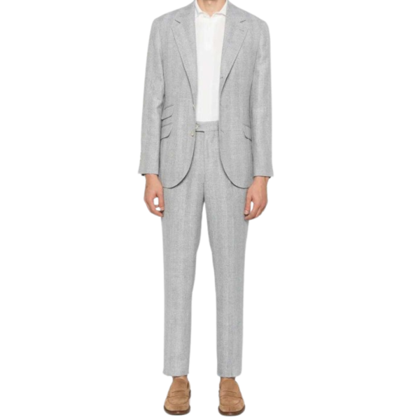 Costume croisé BRUNELLO CUCINELLI lin gris clair chiné