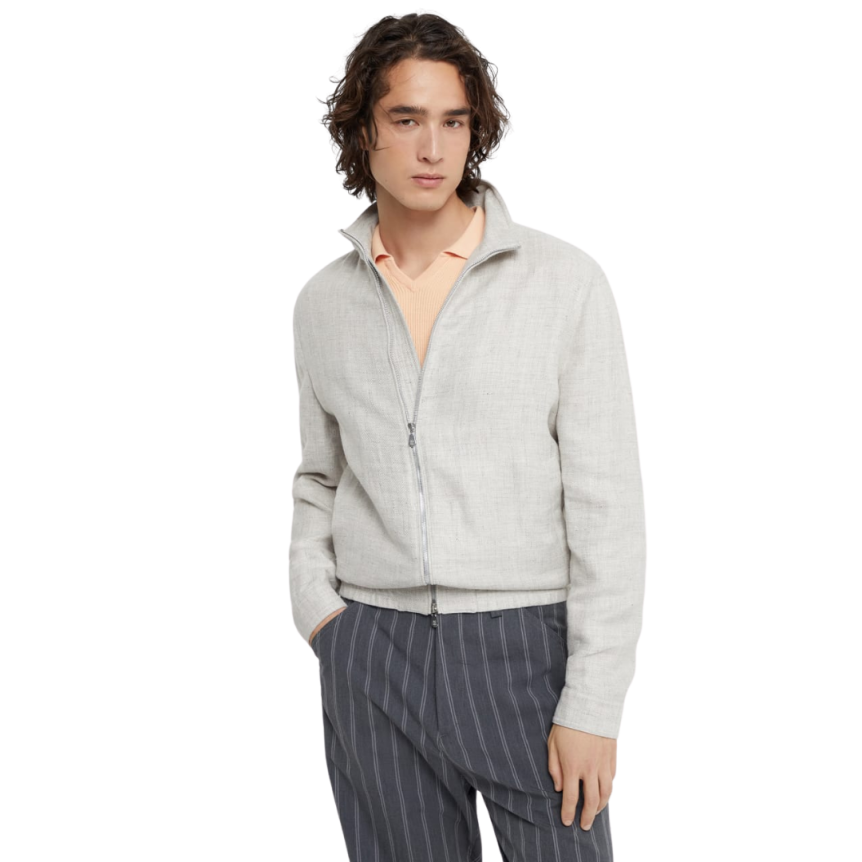 Blouson bomber BRUNELLO CUCINELLI sergé lin laine soie gris clair