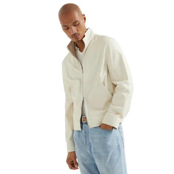 Blouson bomber BRUNELLO CUCINELLI réversible cuir nappa membrané écru panama