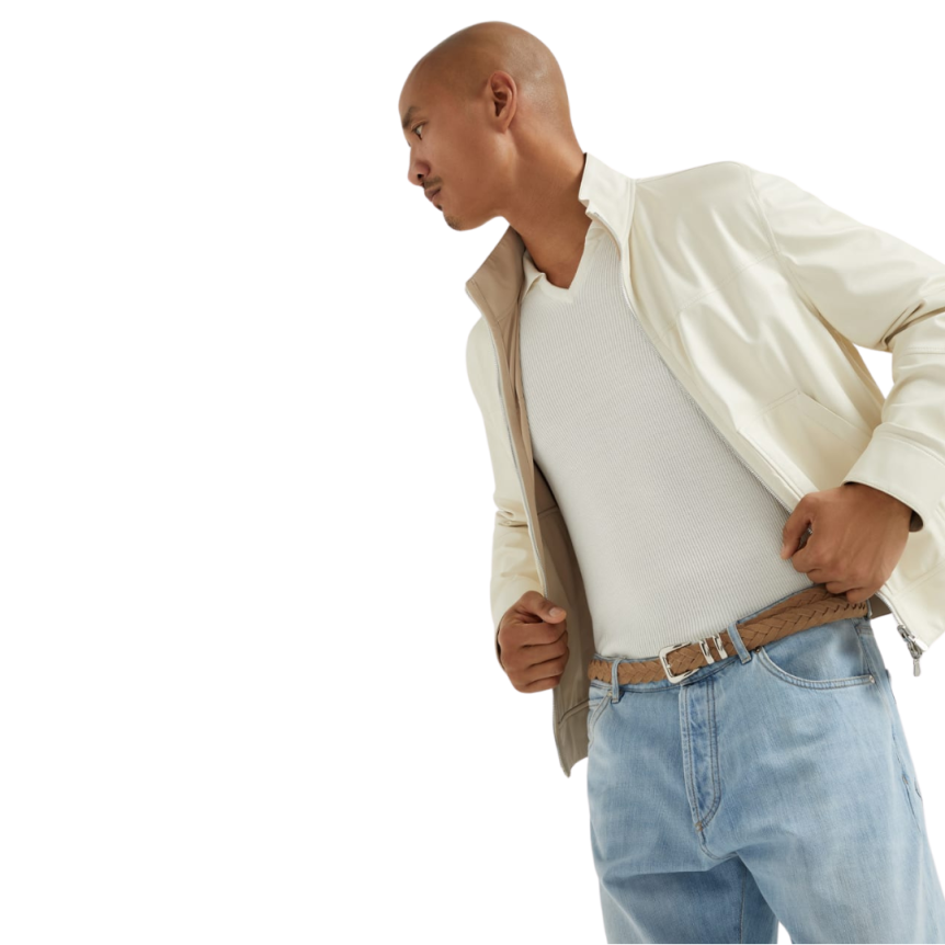 Blouson bomber BRUNELLO CUCINELLI réversible cuir nappa membrané écru panama