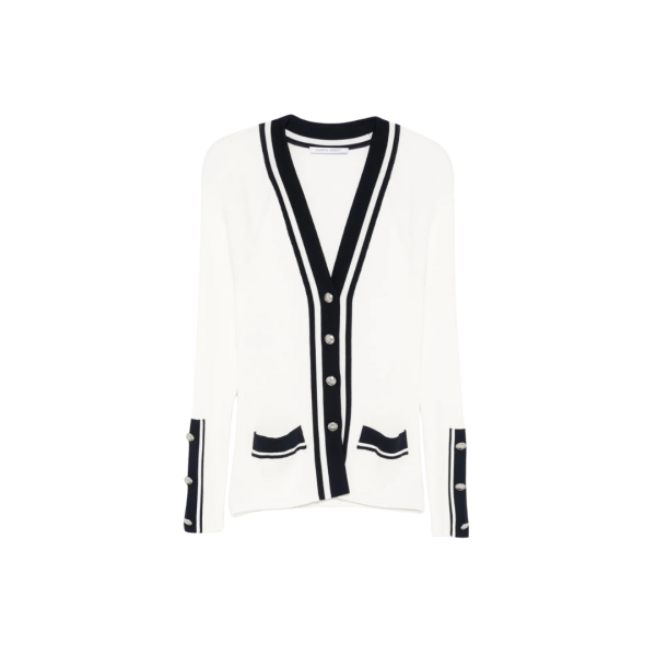 Cardigan ALBERTA FERRETTI col V viscose côtelé stretch blanc gansé bleu nuit