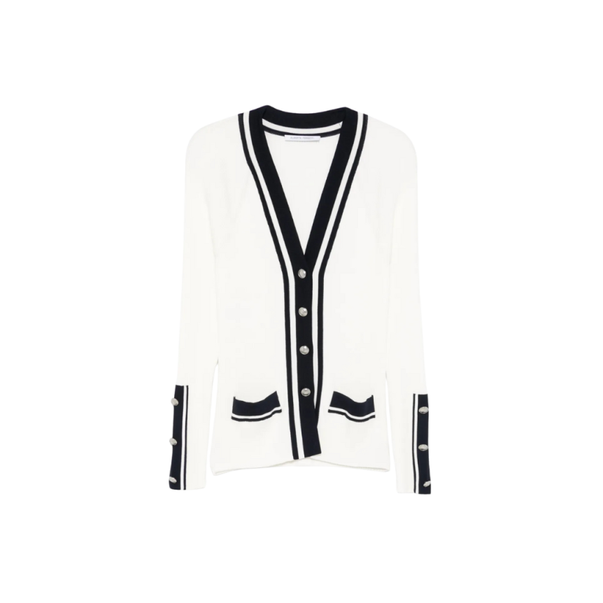 Cardigan ALBERTA FERRETTI col V viscose côtelé stretch blanc gansé bleu nuit