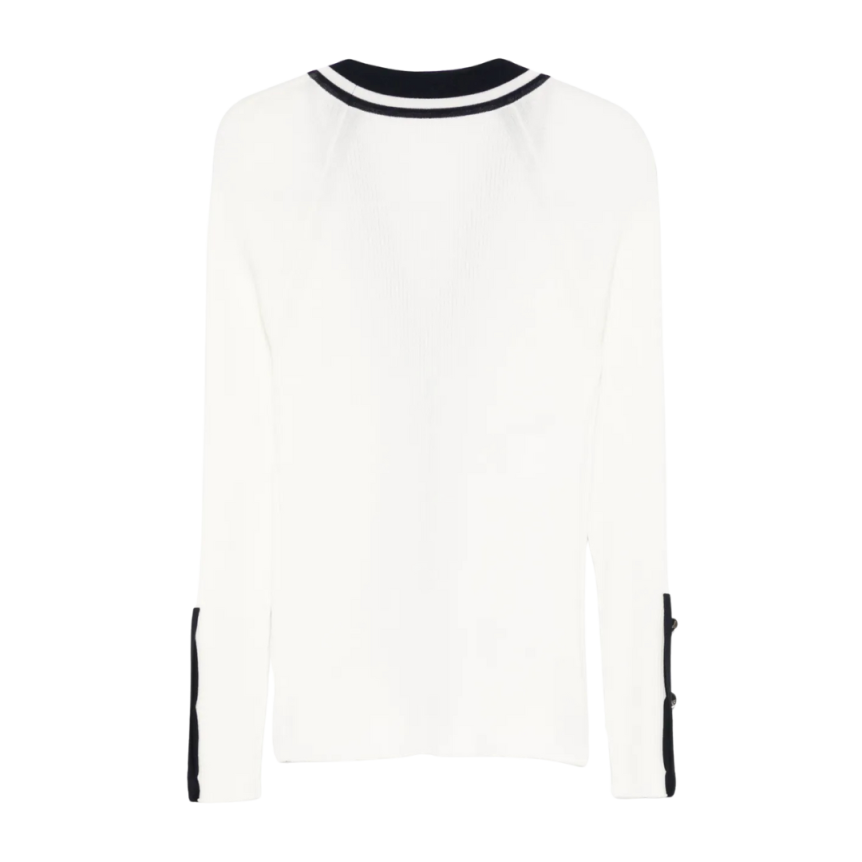 Cardigan ALBERTA FERRETTI col V viscose côtelé stretch blanc gansé bleu nuit