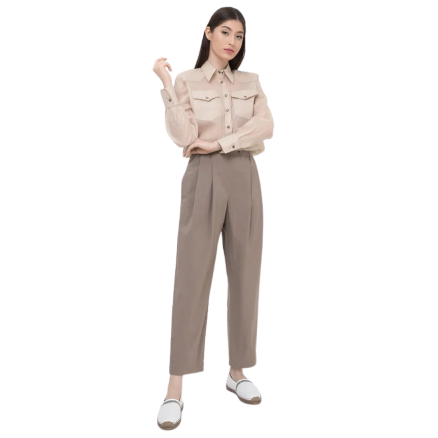 Pantalon à pince BRUNELLO CUCINELLI coton stretch taupe nœud taille