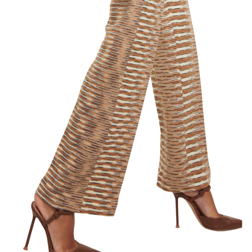 MISSONI Pantalon taille haute coton laine velours rayure beige camel