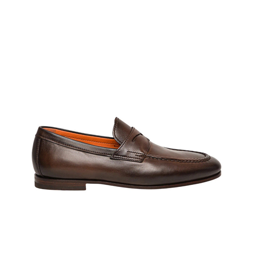 Mocassin SANTONI Penny cuir marron chocolat surpiqure tresse