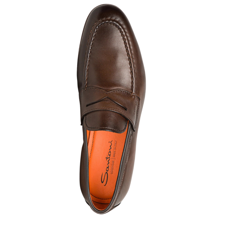 Mocassin SANTONI Penny cuir marron chocolat surpiqure tresse