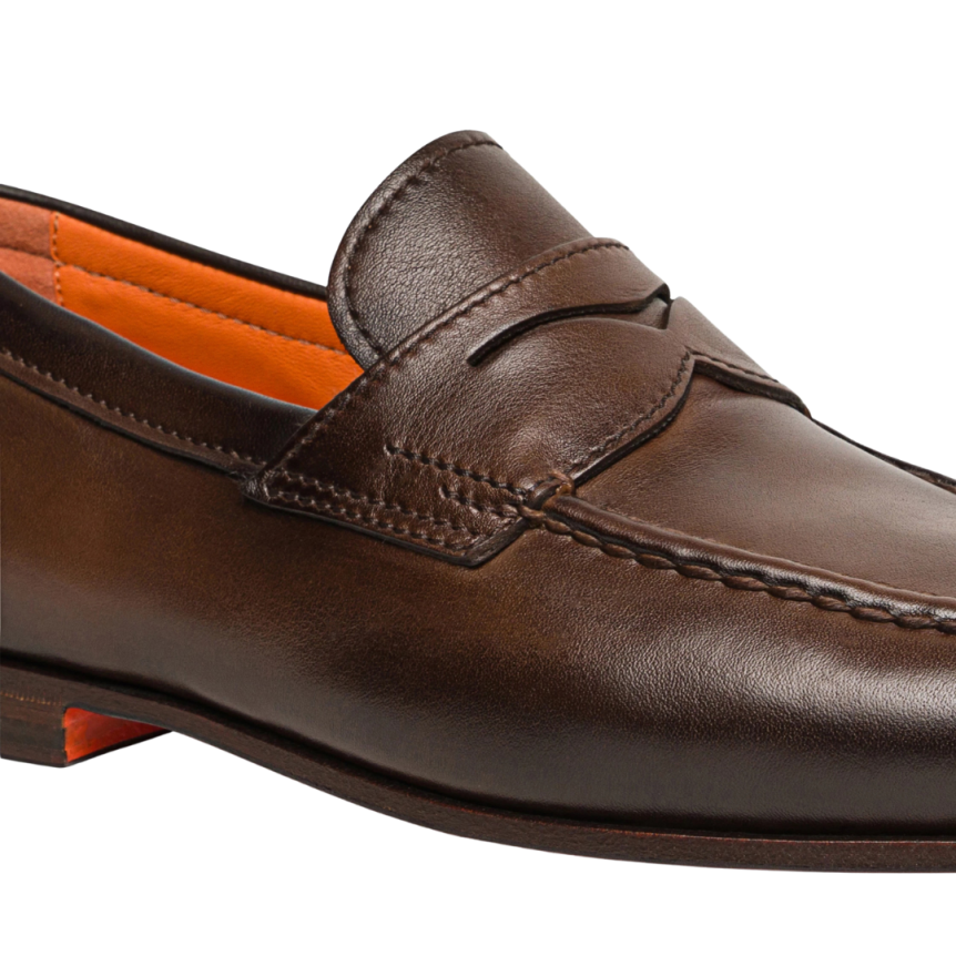 Mocassin SANTONI Penny cuir marron chocolat surpiqure tresse