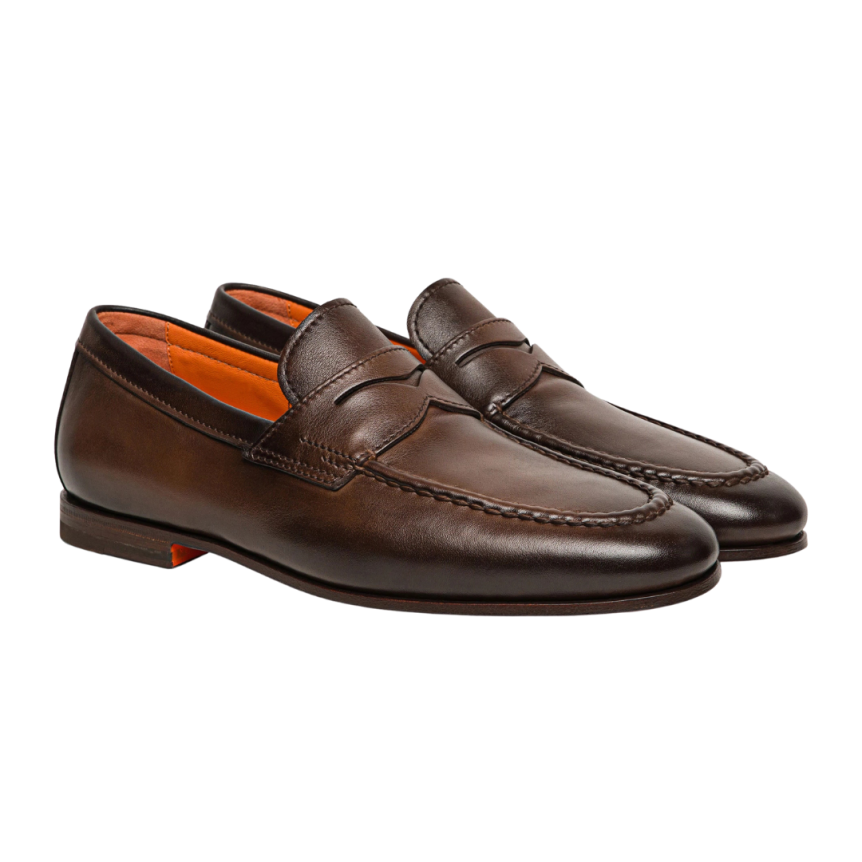 Mocassin SANTONI Penny cuir marron chocolat surpiqure tresse