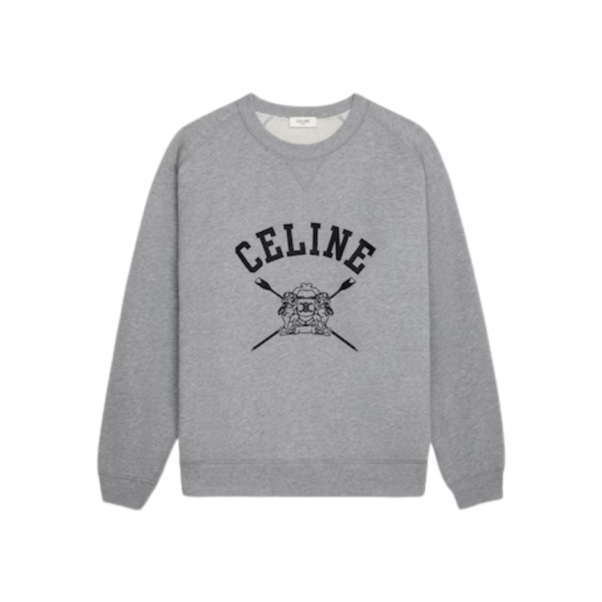 CELINE Sweat shirt col rond molleton coton gris logo noir blason