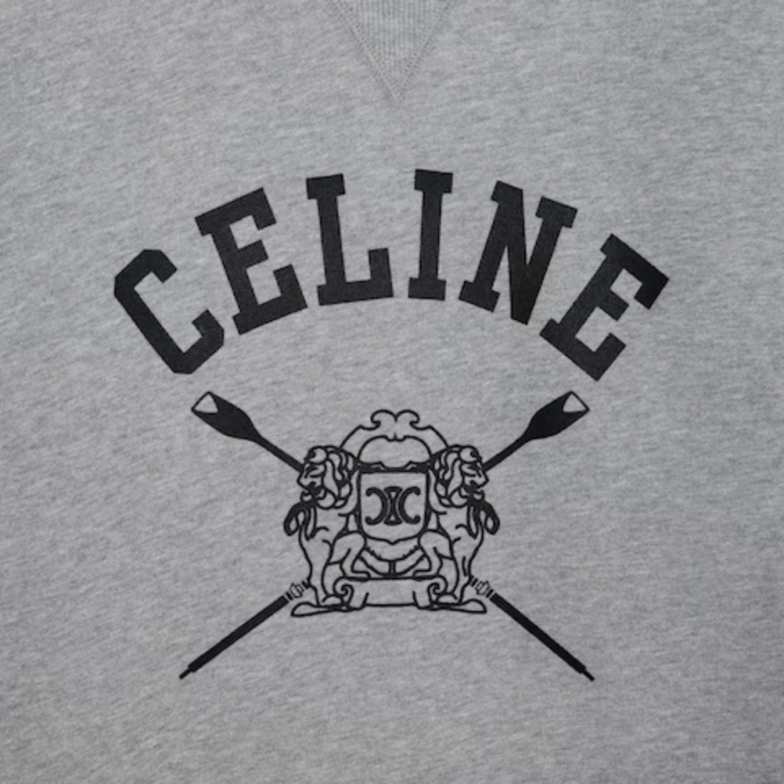 CELINE Sweat shirt col rond molleton coton gris logo noir blason