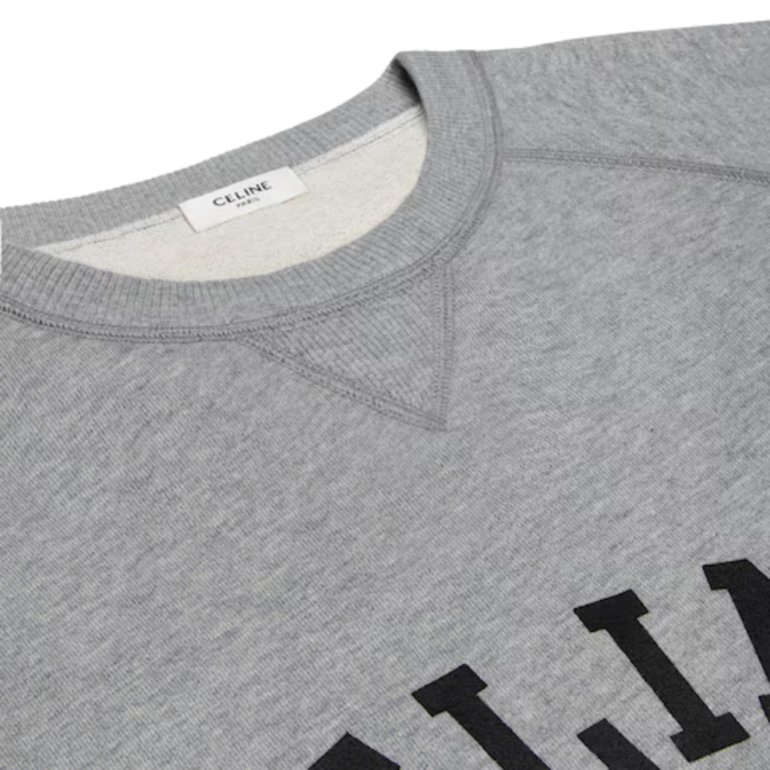 CELINE Sweat shirt col rond molleton coton gris logo noir blason