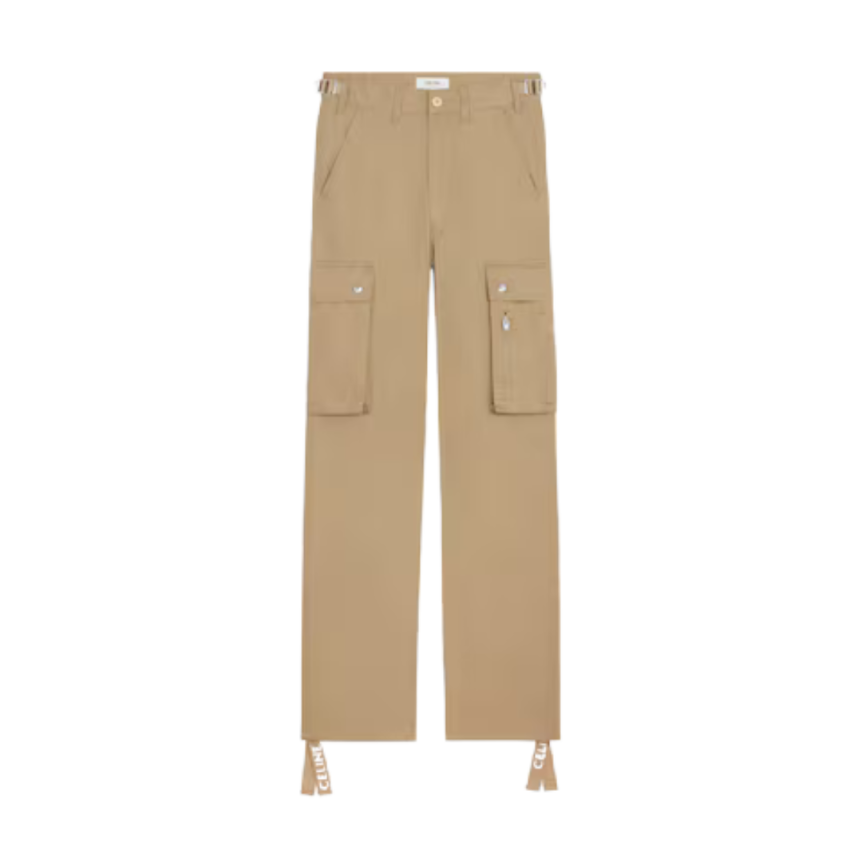 Pantalon cargo CELINE taille haute coton lin beige
