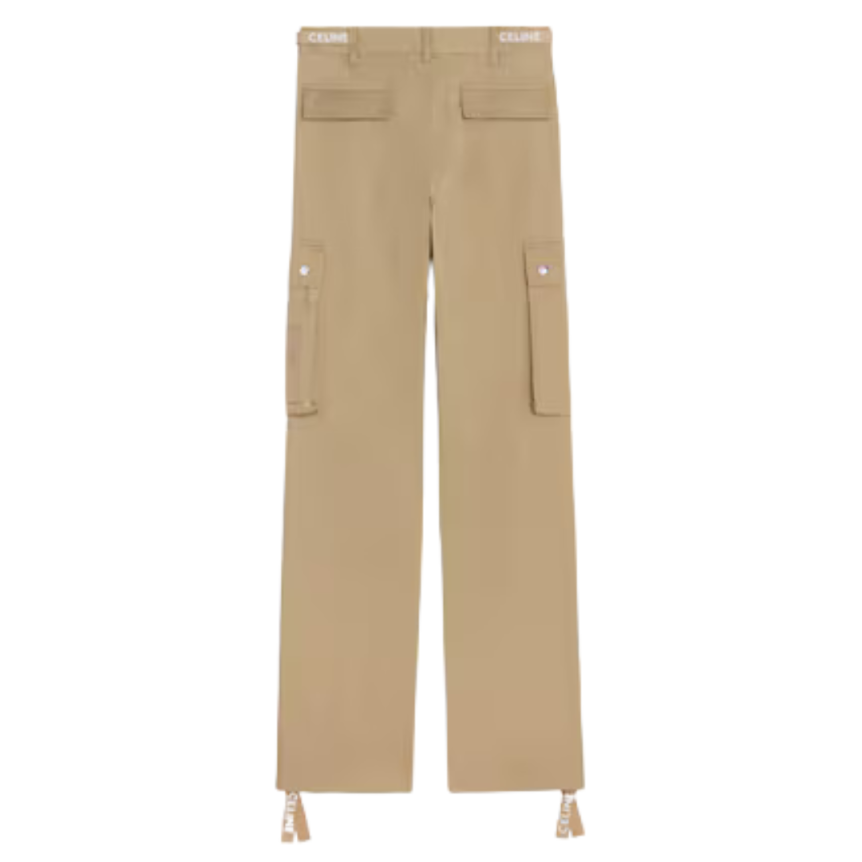Pantalon cargo CELINE taille haute coton lin beige