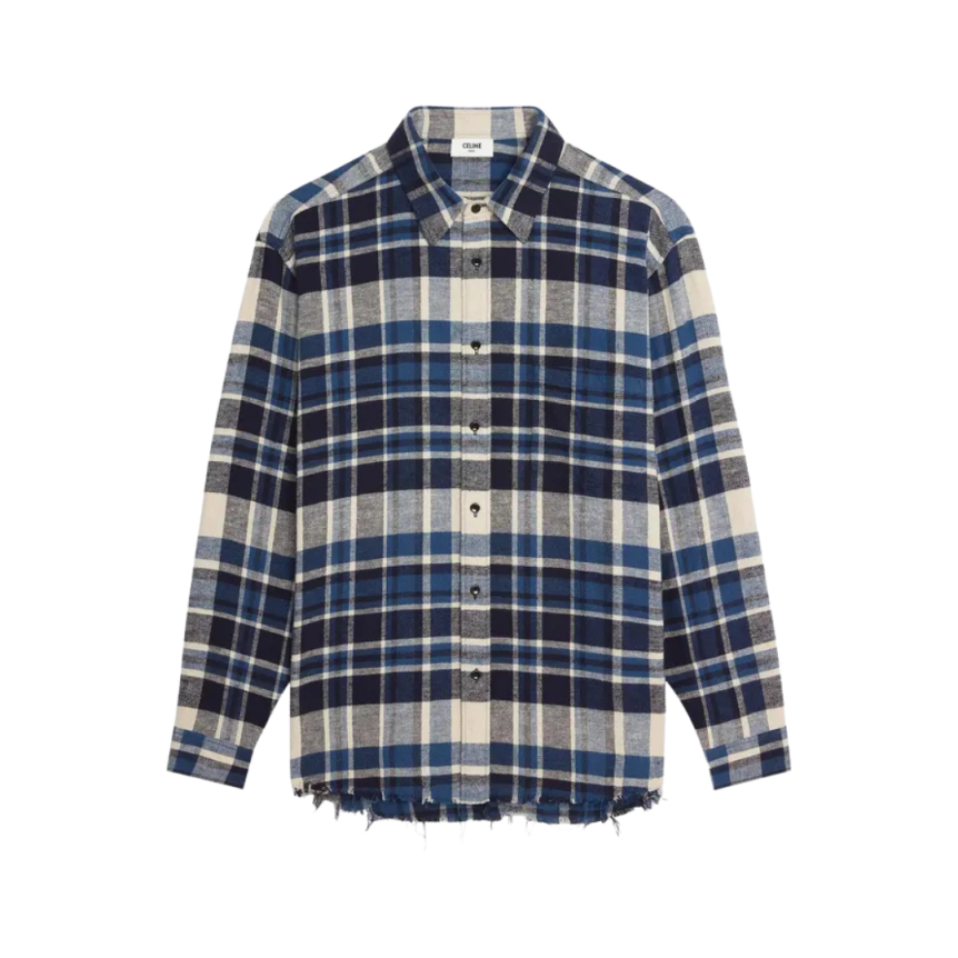 Chemise bucheron CELINE coton carreaux bleu marine écru bas effiloché