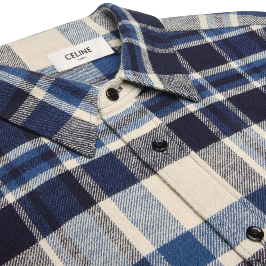 Chemise bucheron CELINE coton carreaux bleu marine écru bas effiloché