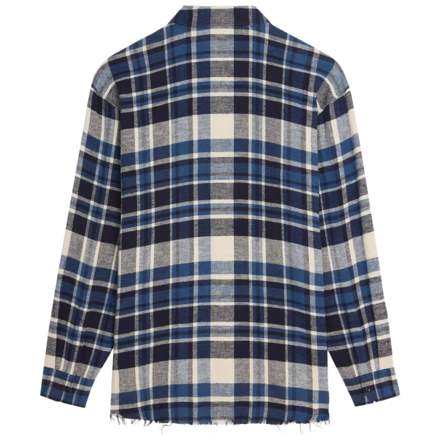 Chemise bucheron CELINE coton carreaux bleu marine écru bas effiloché