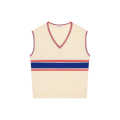 Pull sans manches Col V laine écru bande bleu rouge