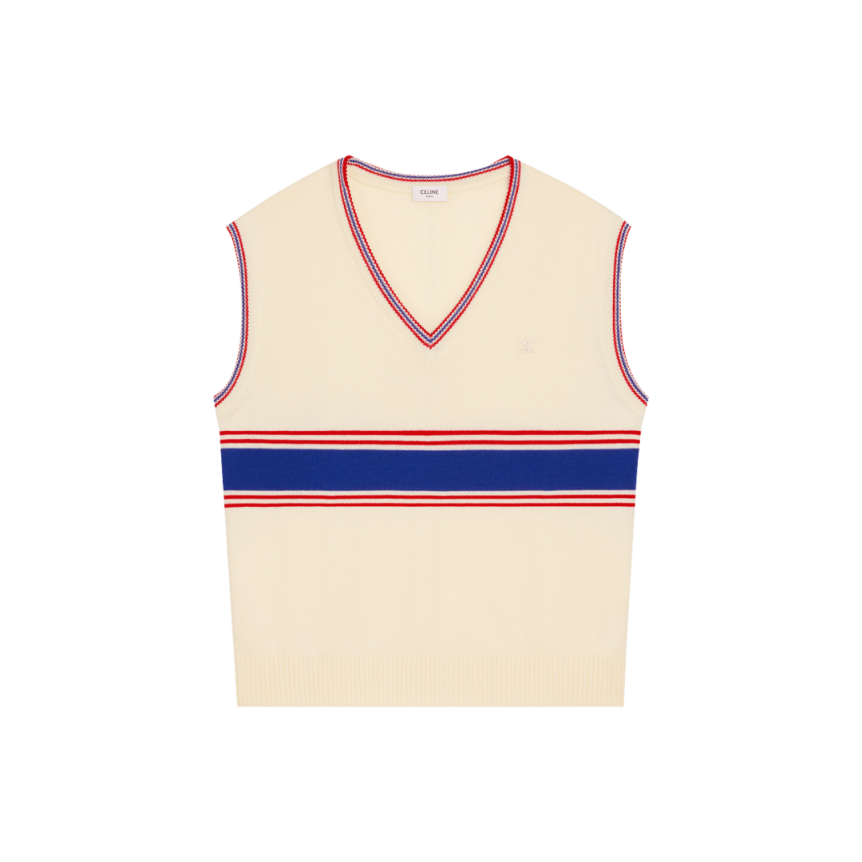 Pull sans manches CELINE Col V laine écru bande bleu rouge