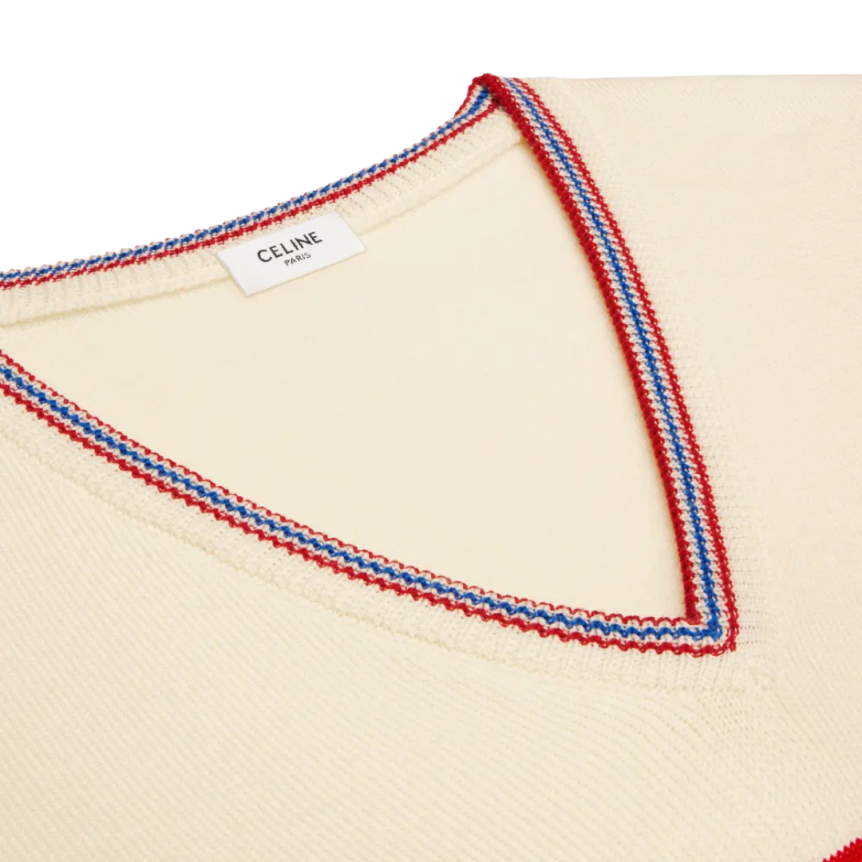 Pull sans manches CELINE Col V laine écru bande bleu rouge