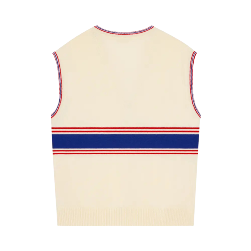 Pull sans manches CELINE Col V laine écru bande bleu rouge