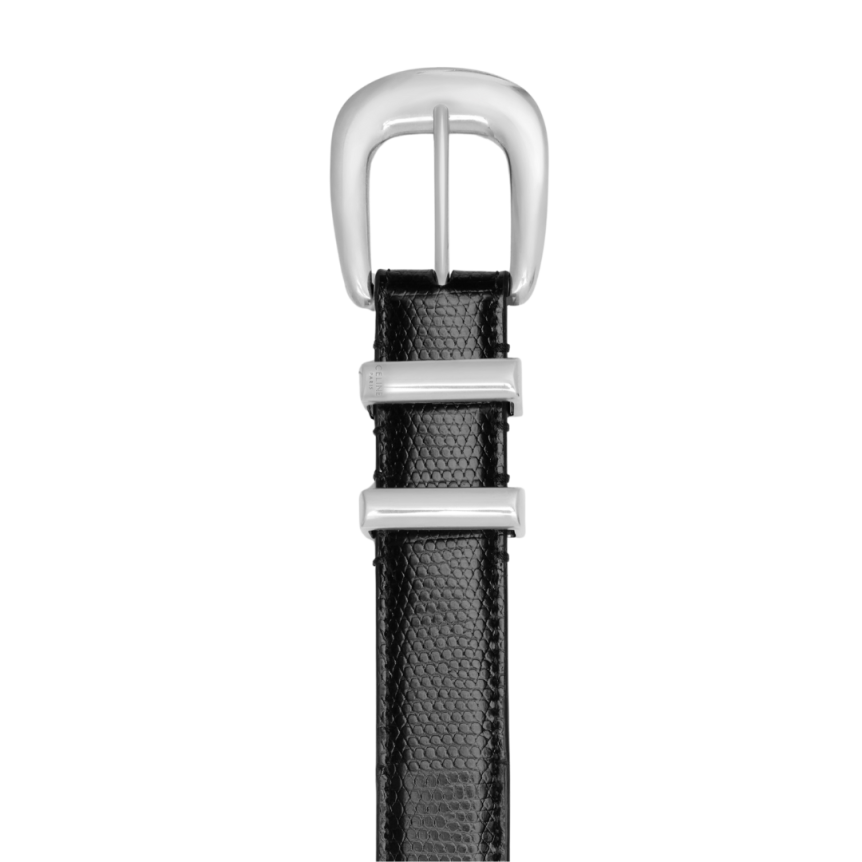 Ceinture western CELINE cuir noir gaufré lézard boucle argent