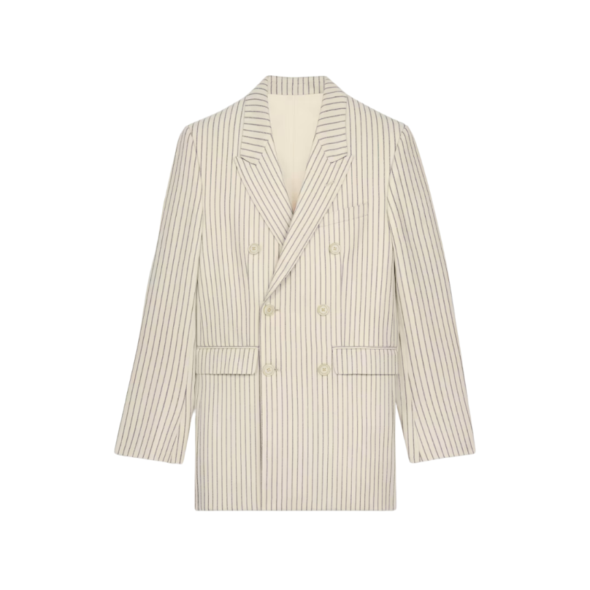 Costume Veste croisée CELINE Camden gabardine laine écru rayure noir