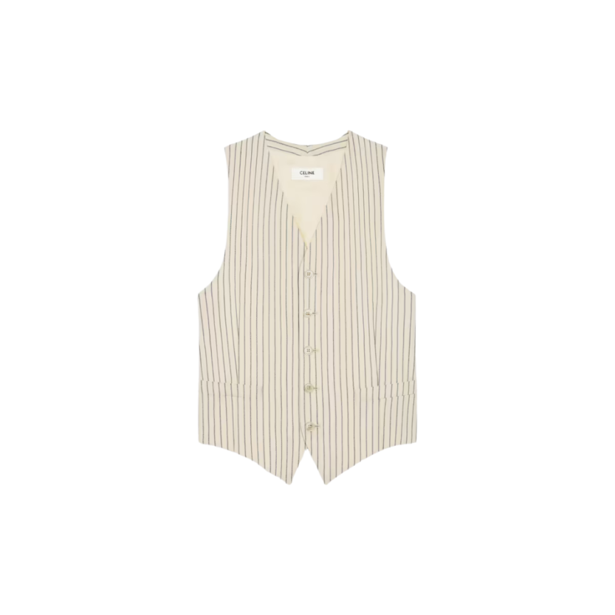 Gilet Costume CELINE gabardine laine écru rayure noir