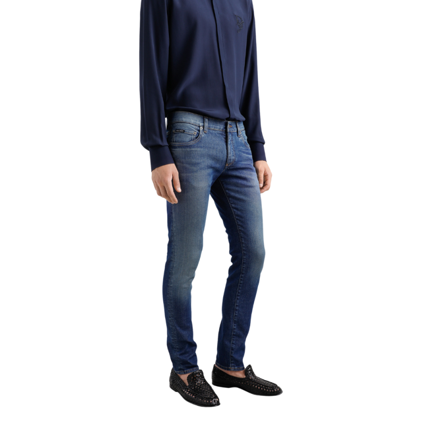 Jean DOLCE & GABBANA 5 poches skinny denim coton stretch bleu logo brodé