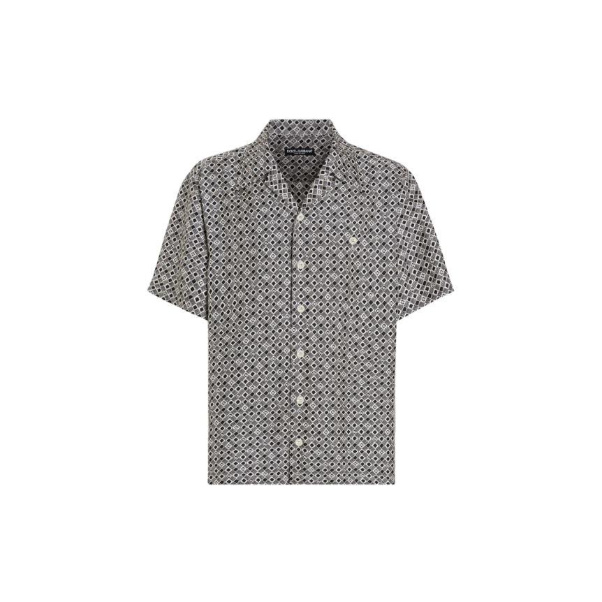 Chemise hawaïenne DOLCE & GABBANA twill soie imprimé cravate noir blanc