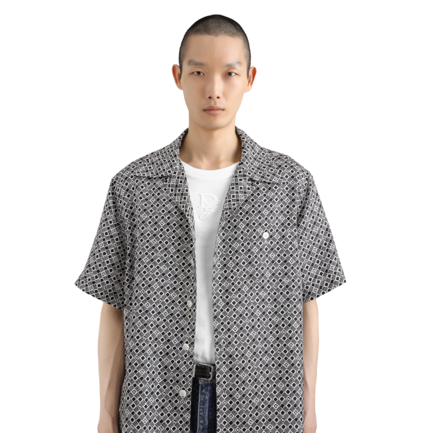 Chemise hawaïenne DOLCE & GABBANA twill soie imprimé cravate noir blanc