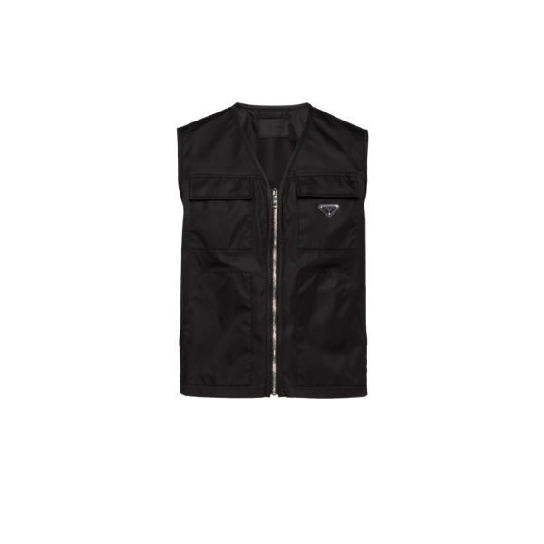 Gilet zippé PRADA Re Nylon noir poche plaque métal triangle émail