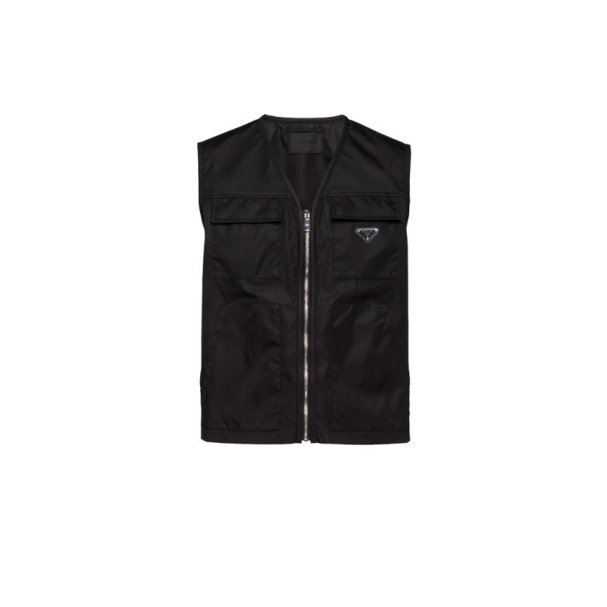 Gilet zippé PRADA Re Nylon noir poche plaque métal triangle émail